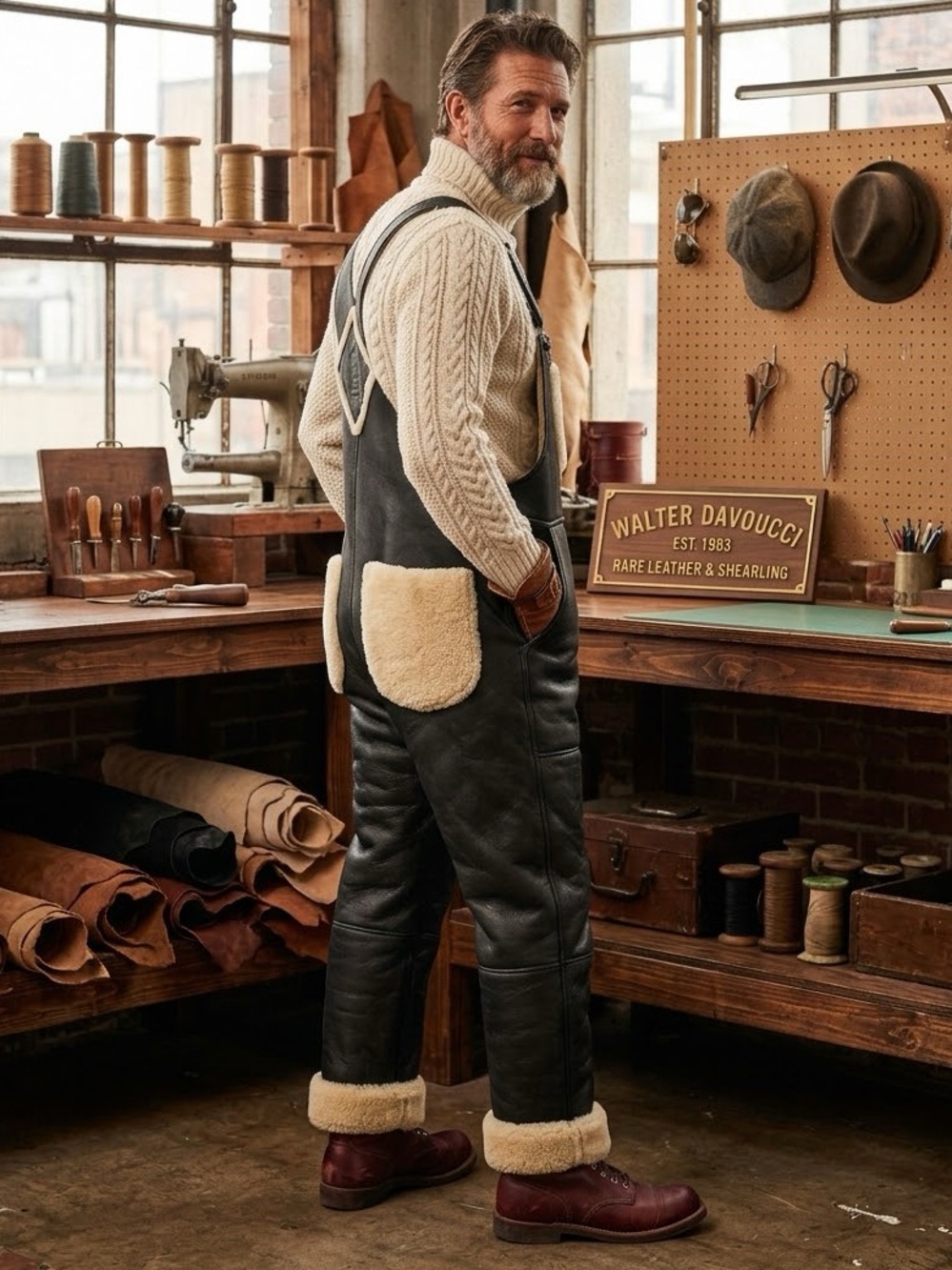 WALTER DAVOUCCI Rare Shearling Leather Thick Heavyweight Sheepskin Overalls